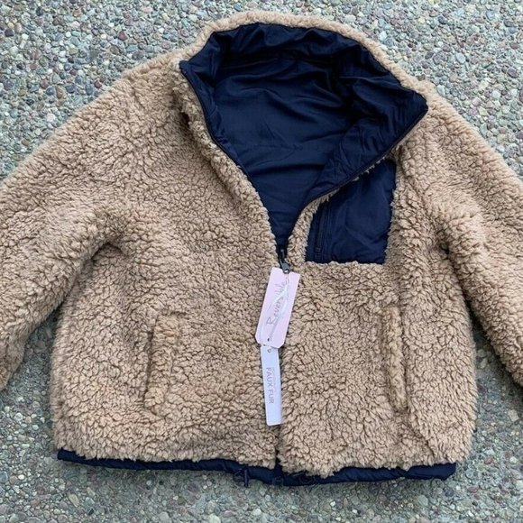 Forever 21 Teddy bear faux fur shearling reversible blue nylon jacket po… - Picture 4 of 9